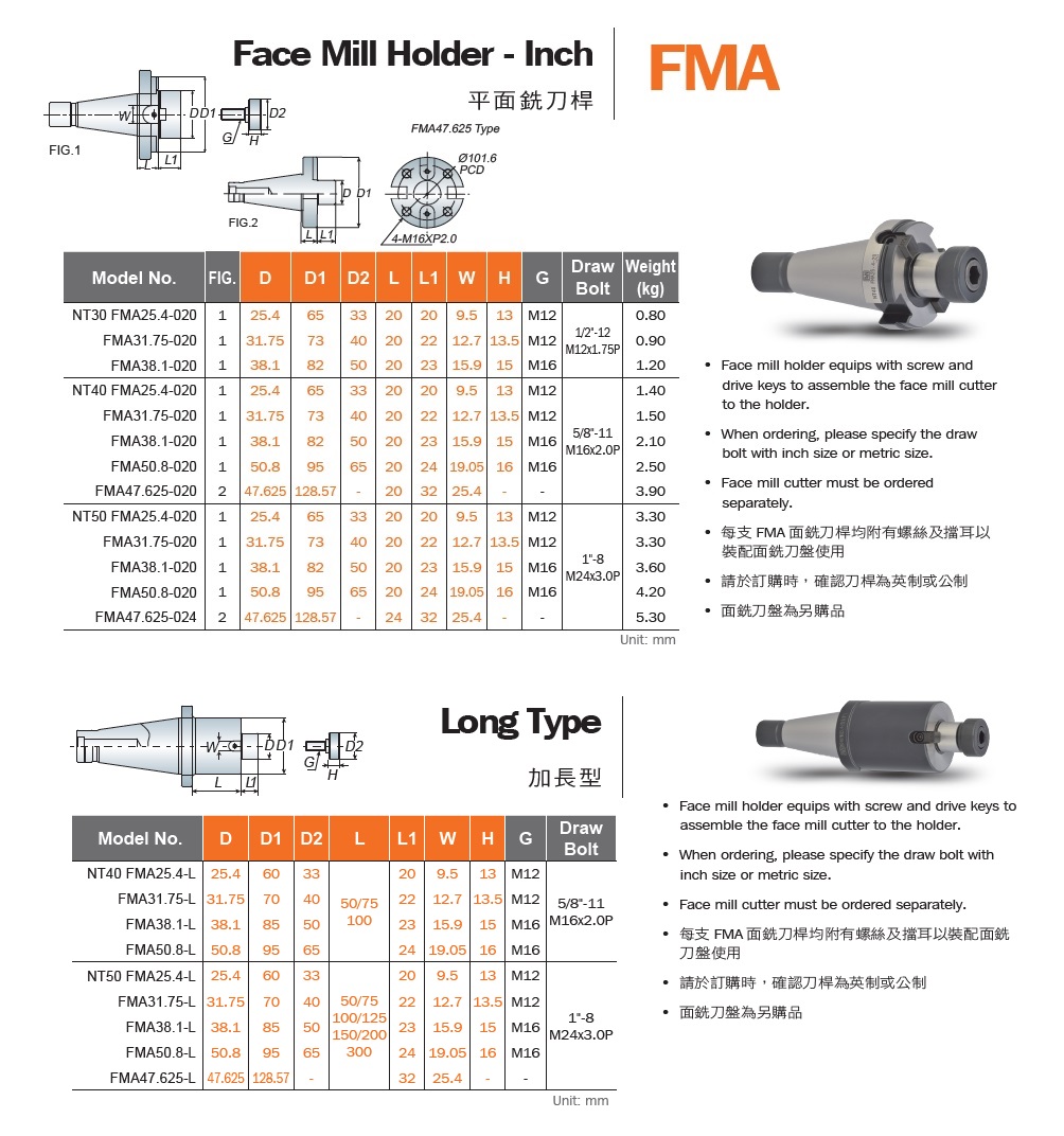 NT平面銑刀桿FMA規格