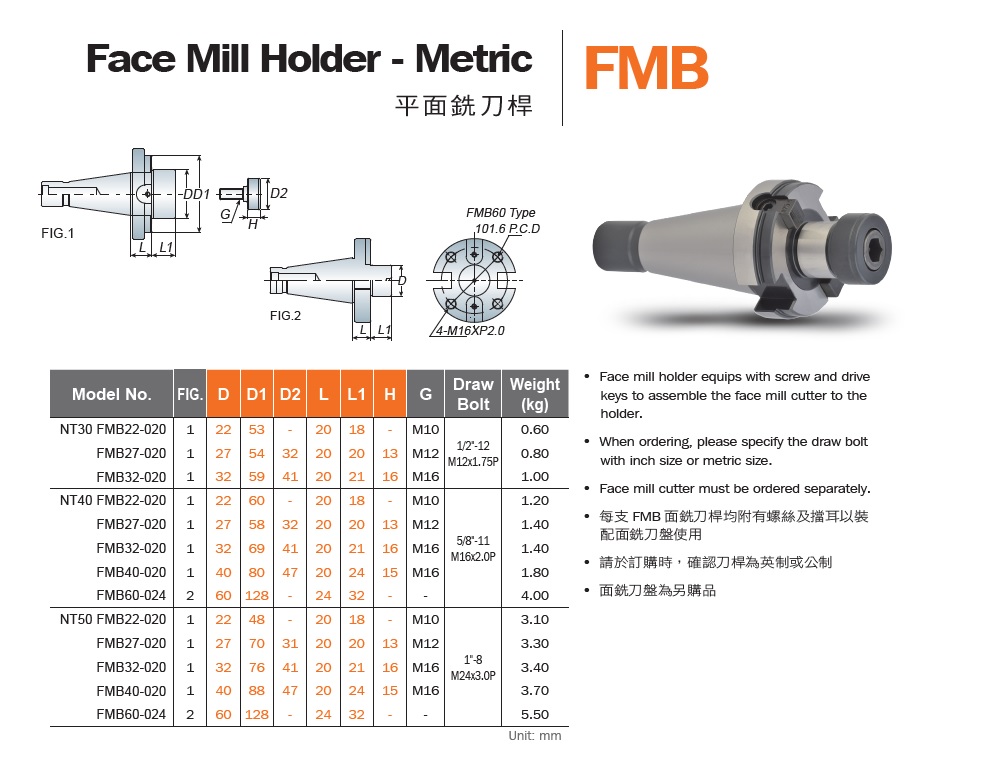 NT平面銑刀桿FMB規格